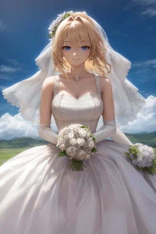 cabello mediano, mujer, reír, cielo, Obra maestra, vestido de novia, vestido